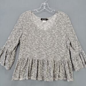 My Belle Gray Silver Metallic Crop Sweater Stretch 3/4 Bell Sleeves Women Size L